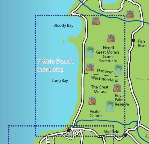 mapa negril jamajci 7 milja plažu