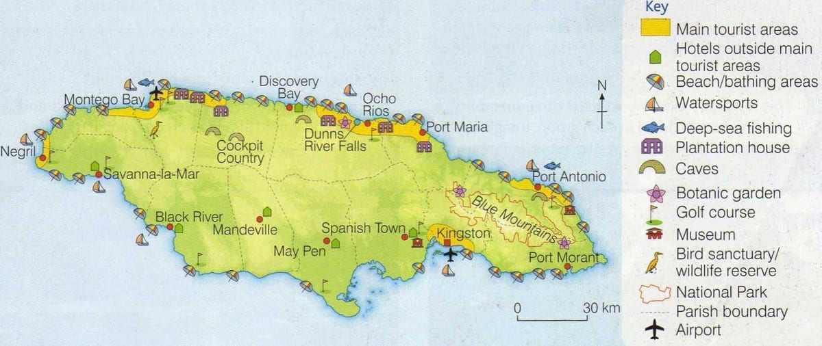 Mapa jamajci pokazuje odmaralište područja